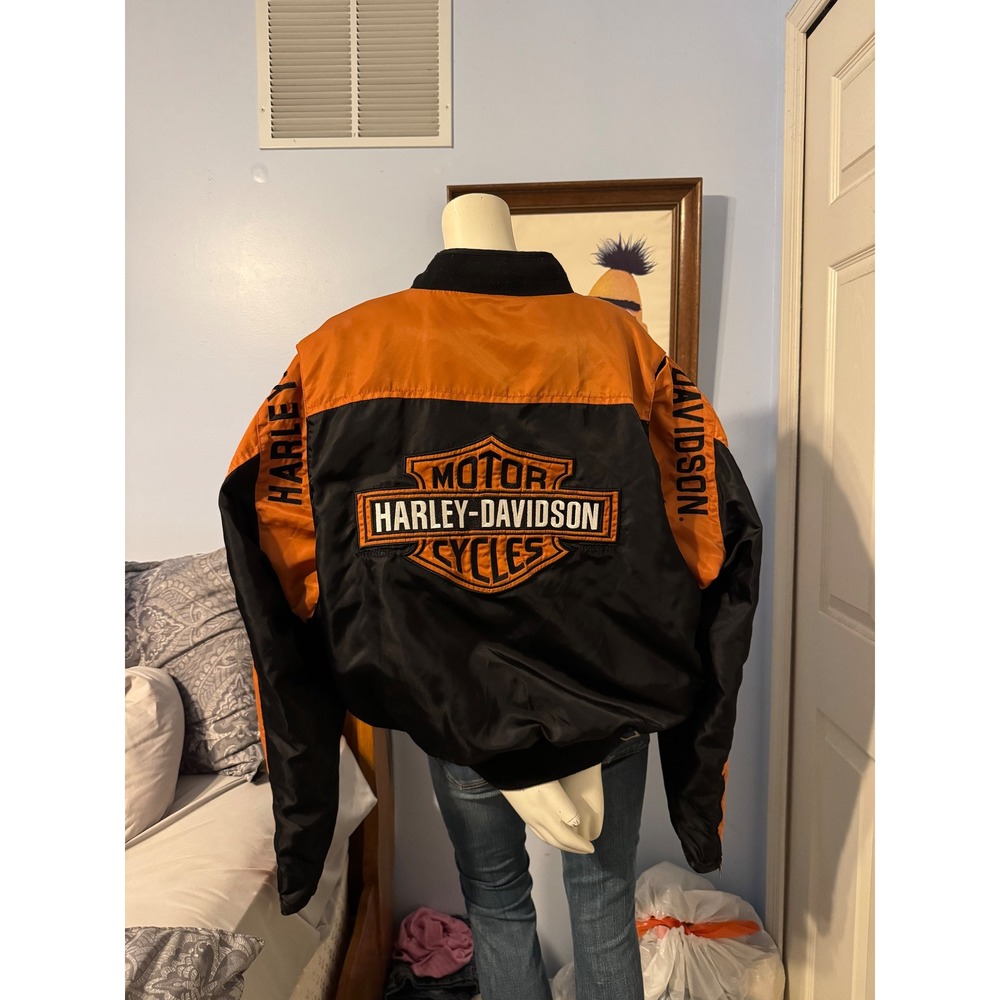 Harley Davidson Bomber Jacket Black Orange Embroidered Logo Nylon Biker Mens L